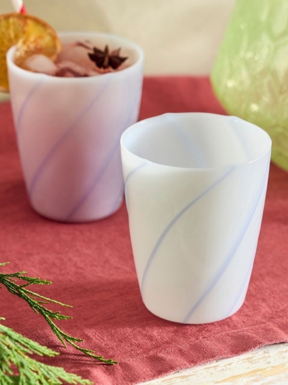 Anthropologie Terrain Blue Candy Stripe Glass Tumblers Set of 2